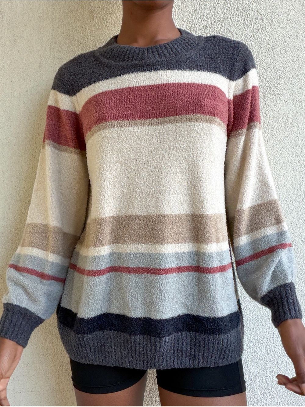 LOGO by Lori Goldstein Striped Crewneck Sweater in Cream, Rose & Gray